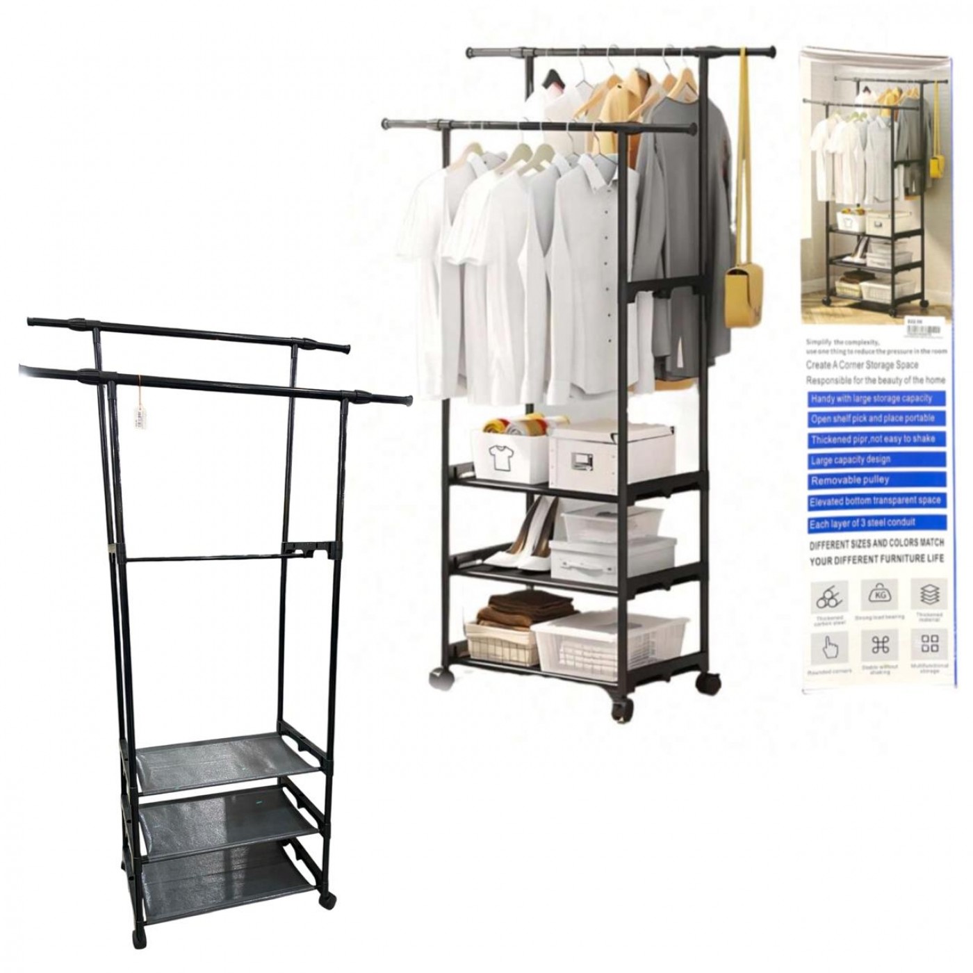 ORGANIZADOR MULTIFUNCIONAL DE  ACERO  ( ROPERO CON RUEDAS) - 